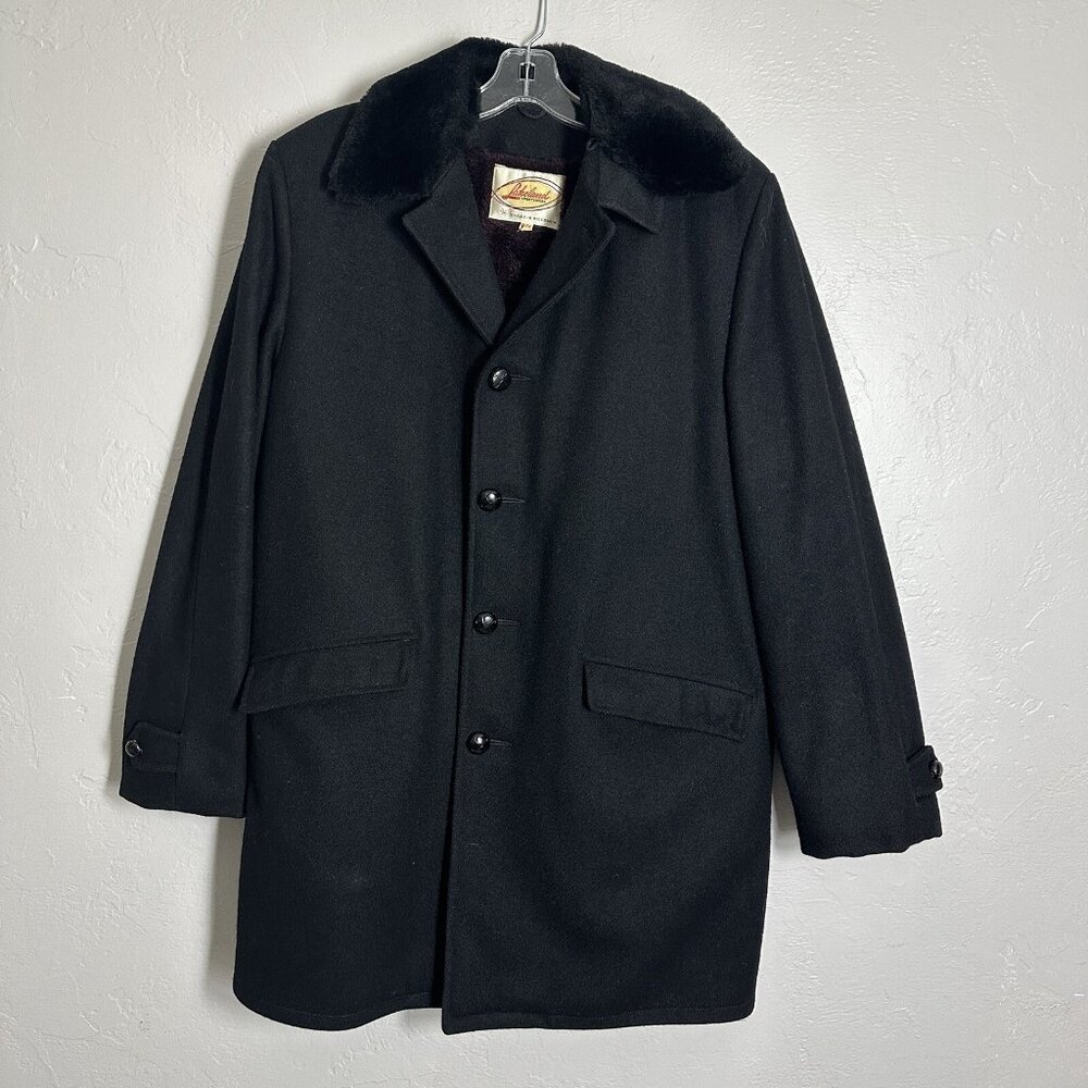 Lakeland Coat Men 42L Black Wool Burgundy Shearling Lined Faux Fur Collar EUC